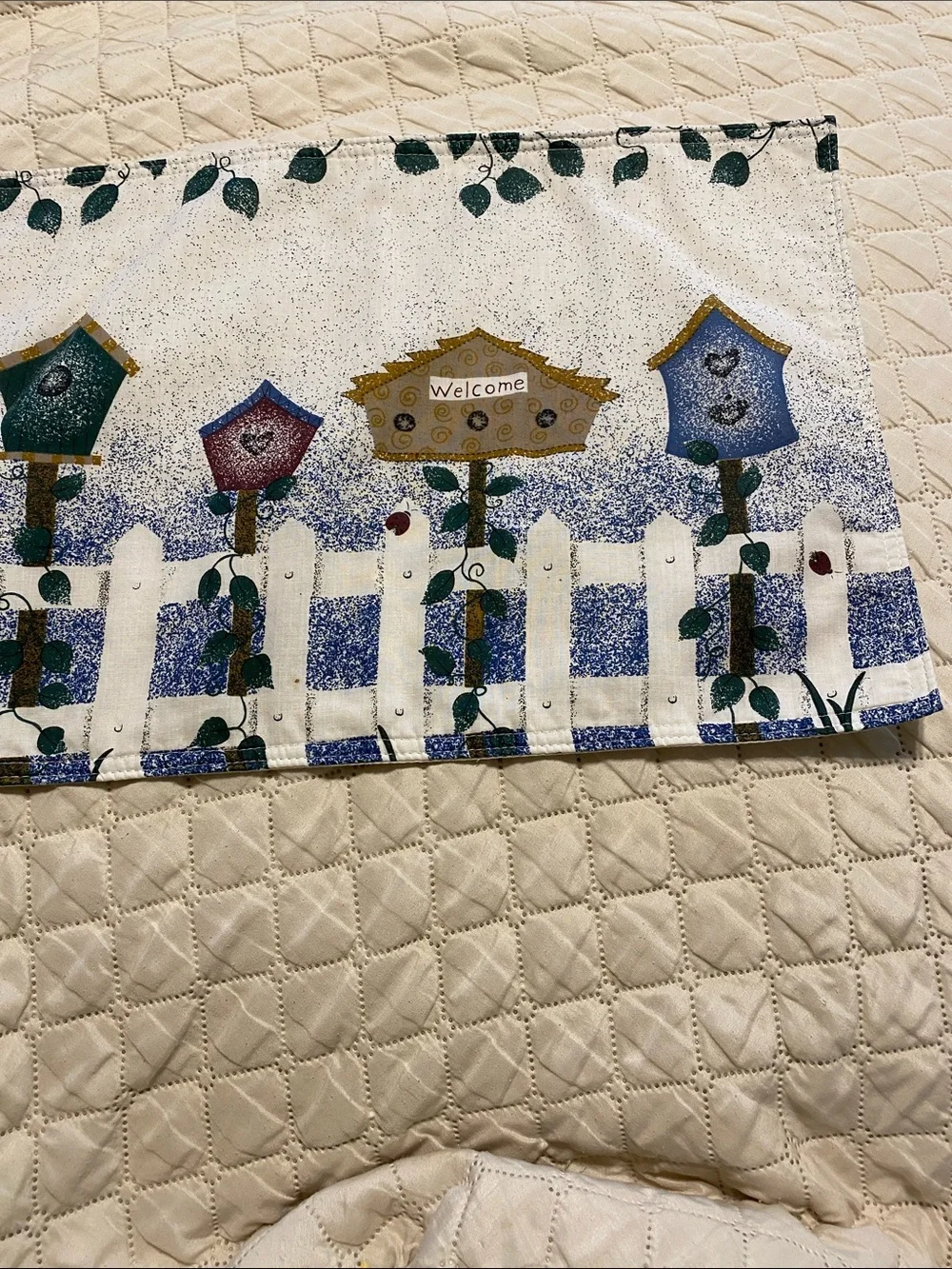 Vintage (Set of 4) Linen Placemats - Bird Houses/Fence/Vines Design
